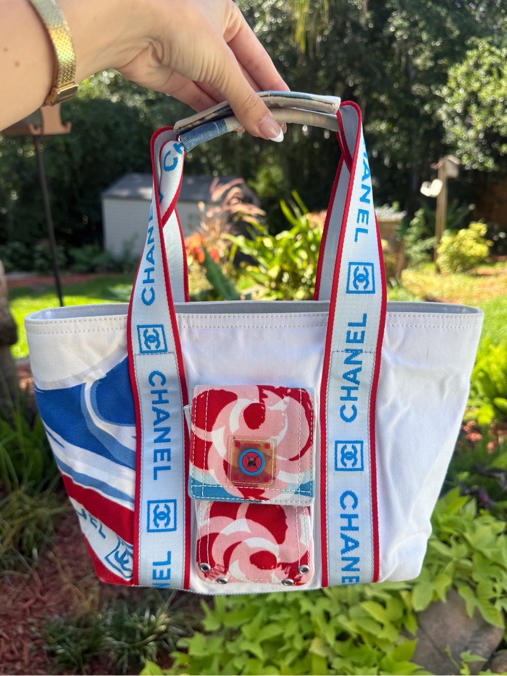CHANEL Vintage Surf Line White Canvas Tote with Red & Blue Accents